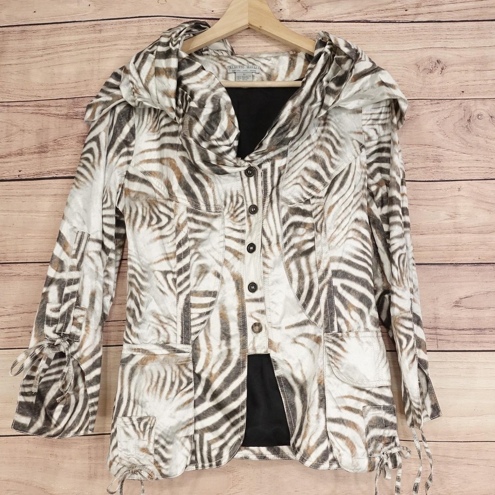 Alberto Makali Jacket Womens M Zebra Animal Print Hooded Button Front Pockets